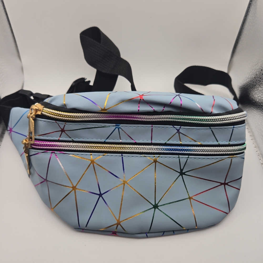 🎒 Blue Geometric Fanny Pack / Crossbody Bag | Multi-Zip Pockets | Adjustable